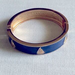 Vintage Fornash Bangle Bracelet Blue & Gold Sailboats, Nautical, Hinged - Signed